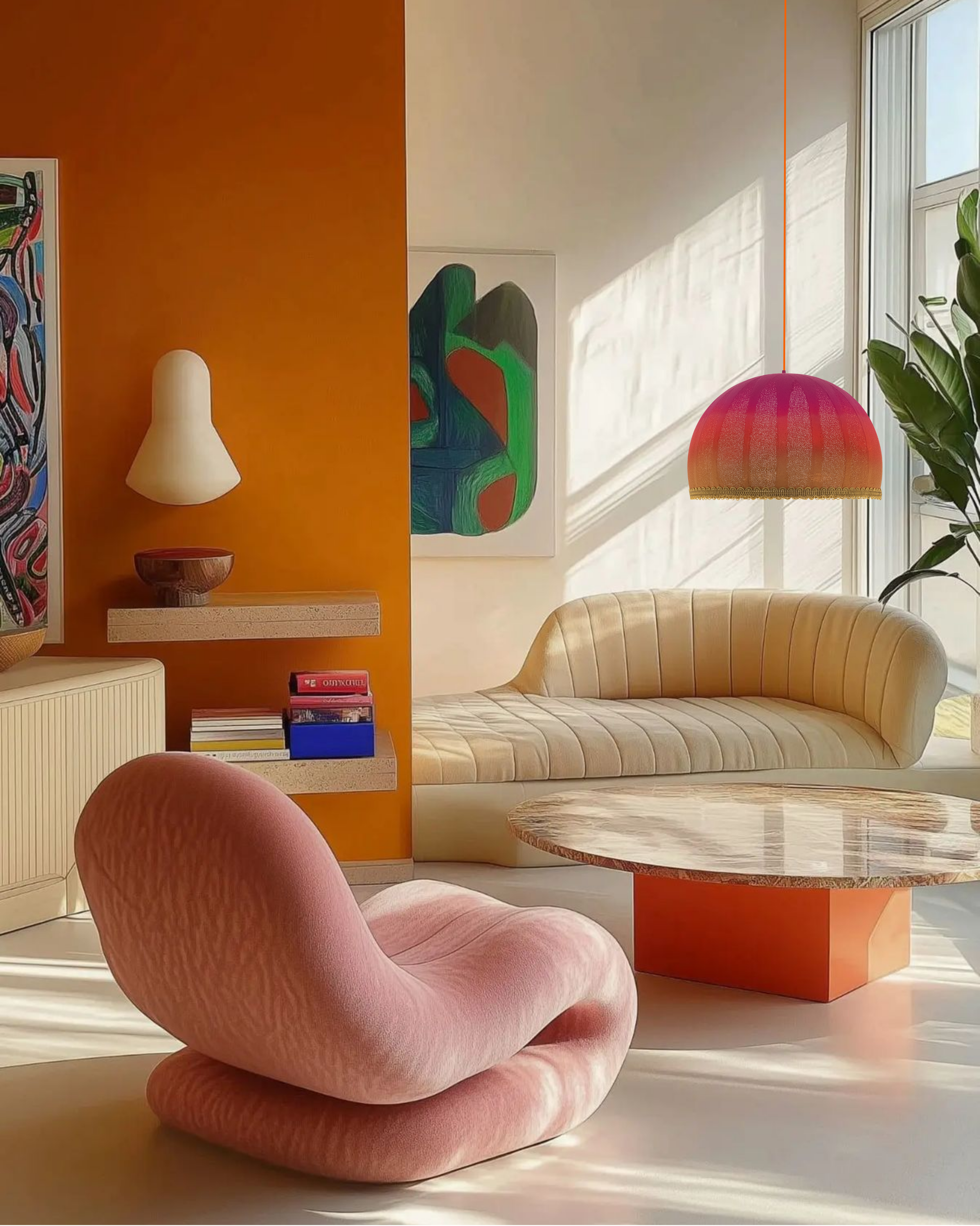 Suspension Sunset L plâtre coloris Sunset en ambiance salon contemporain – luminaire artisanal slmobjs Nancy